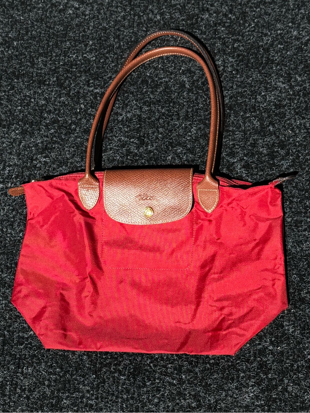 Longchamp Red Nylon Shoulder Tote with Brown Leather Trim